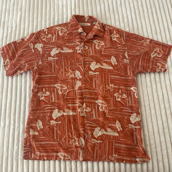 Tommy Bahama Shirt Mens Large Orange Floral Hawiian Silk Hibiscus Beach - Picture 1 of 9